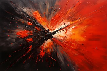 Radiant bursts of onyx black and fiery orange converging into a vibrant and energetic abstract masterpiece.