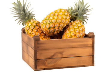 Pineapples PNG. Wooden box full of fresh pineapples isolated on a transparent background.