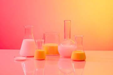 A flat-bottom florence flask, petri dish, a mug and conical flasks of liquid arranged on gradient background. Research science content