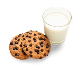 Tasty cookies with chocolate chips and glass of milk on white background