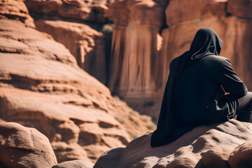 Man in a black hat: looking at a tranquil landscape generative ai
