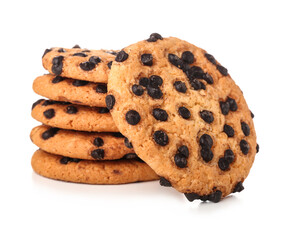 Stack of tasty cookies with chocolate chips on white background