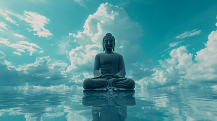 Buddha statue in blue zen environment with blue sky. Meditation concept. Generative AI