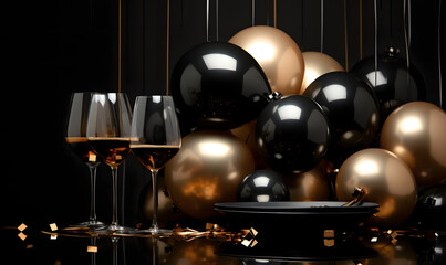 Happy New Year background with golden and black balloons, dark palette