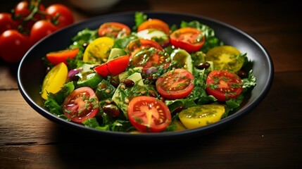A mouthwatering salad bursting with vibrant greens, topped with ripe tomatoes and tangy dressing.