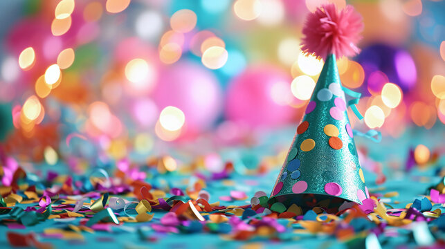 Vibrant Party Hat And Confetti Background, Colorful Celebration, Festive Decoration, Birthday Or New Year's Eve Event Theme. AI Generative