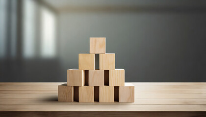 Neatly stacked wooden cubes on table with space for text/infographics symbolize organization, creativity, and customizable information display in a stock photo