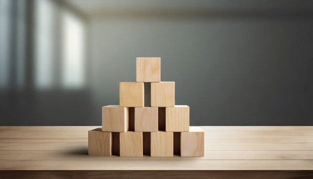 Neatly stacked wooden cubes on table with space for text/infographics symbolize organization, creativity, and customizable information display in a stock photo