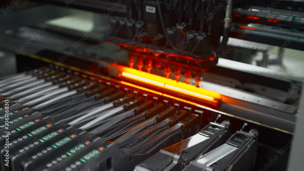 Poster factory machine at work: printed circuit board being assembled with automated mechanism. creative. t