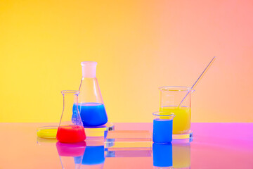 Blue, red and yellow liquids inside beaker and erlenmeyer flask on yellow pink gradient background....