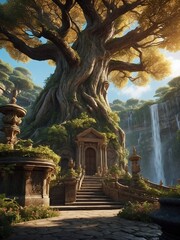A temple overgrowned by a tree in front of a waterfall 
