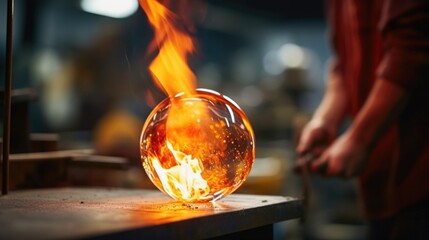 Closeup of a glass blowers flame heating a ball of molten glass, ready to be transformed into a delicate vase. - obrazy, fototapety, plakaty