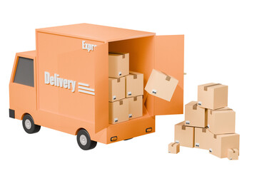 3D orange truck delivery back door open with parcelbox delivery icon. online shopping or E-commerce concept. Minimal Cartoon icon design isolated on orange background. banner, copy space. 3D Rendering