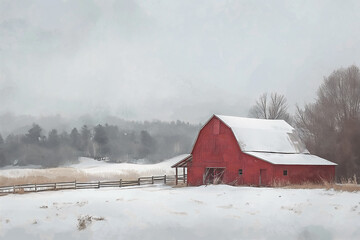 red barn in the snow painting