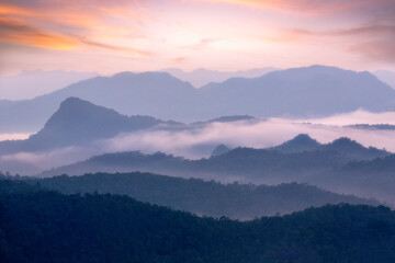 Beautiful morning landscape with mountains  and sea of mist  at Doi Hua Mod,Umphang Wildlife Sanctuary, Umphang district, Tak Province, Thailand.
