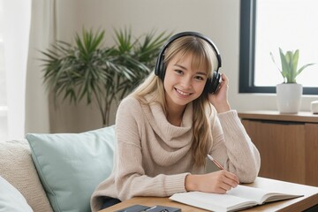 A young girl doing homework at home, learning and taking classes virtually and remotely