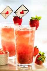 Servings of fresh homemade strawberry lemonade for Valentine's Day.