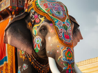 Closeup of a Decorated elephant at the elephant festival in Jaipur - obrazy, fototapety, plakaty