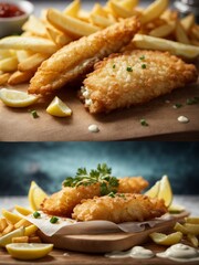 Classic British fish and chips, perfectly crispy and flavorful batter, cinematic food photography 