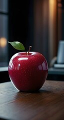 red apple on a wooden table look like a made with glass