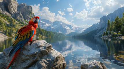 A charming parrot in the area with a magnificent lake and mountains, smoothly reflected on the wat
