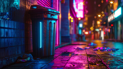A brightly glowing garbage container with neon lighting, which is released in the night silence of