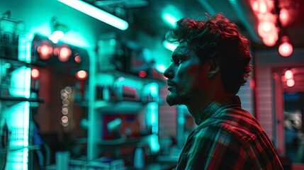 A man with wavy hair in a stylish barbershop, where green and blue neon lights give a special char - obrazy, fototapety, plakaty