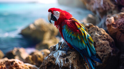 A photo of a parrot with bright feathers, against the background of rocks and a foggy ocean, creat