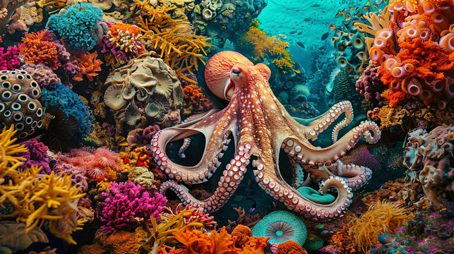 A photograph of an octopus among multi colored corals creates the impression of an underwater carn