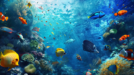 Fototapeta na wymiar Bright water canvas: an underwater world painted with a rainbow with the participation of dozens o