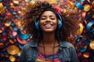 A vibrant and lively image of a person with a wide smile, bopping their head to the beat of their favorite songs - obrazy, fototapety, plakaty