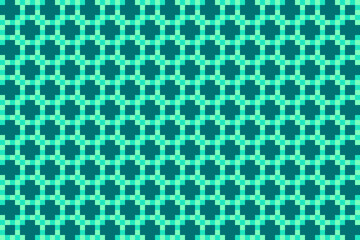 Green square and plus sign shapes pattern on lighter green checkered background