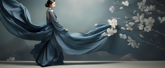 Slate blue silk unfolding in delicate patterns, conveying a sense of refined beauty