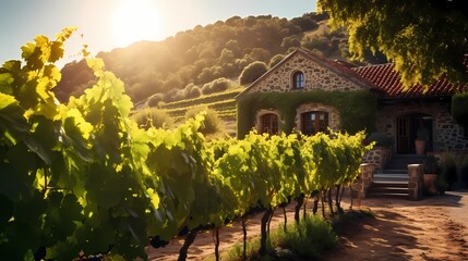 Rows of neatly lined grapevines in a sun-drenched vineyard, with a charming stone cottage in the...