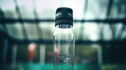 Closeup of a biometric sensor attached to a water bottle for tracking hydration.