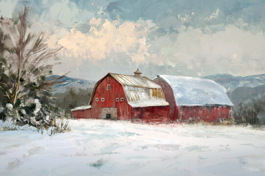 red barn in the snow painting