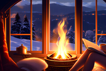 illustration of a fire lit in the fireplace in a villa, a woman sitting in front of it reading a book with a blanket on her knees, and a night view of snow falling outside the window, Generative AI