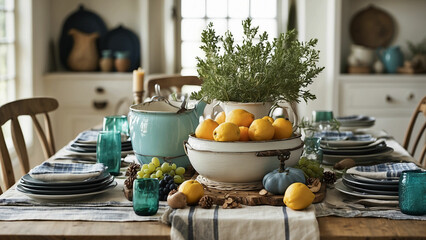 seasonal spirit by photographing farmhouse kitchen table adorned with seasonal decor or a spread of dishes inspired by the time of year