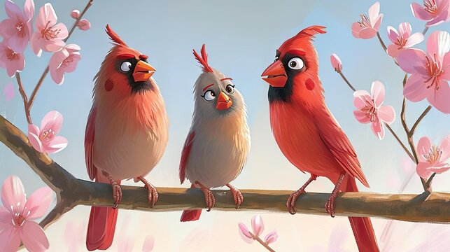 happy cartoon of a cardinal family sitting on a branch singing on a beautiful golden spring morning  