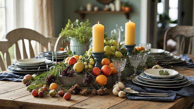 seasonal spirit by photographing farmhouse kitchen table adorned with seasonal decor or a spread of dishes inspired by the time of year