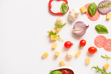 Ingredients for preparing pizza on white background