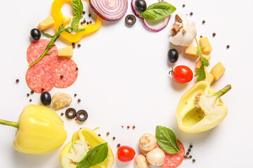 Frame made of ingredients for preparing pizza on white background