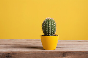 Charming cactus on a vintage wooden table complemented by sunny yellow walls