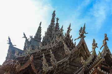 Fototapeta na wymiar Roof of the The Wooden Sanctuary of Truth in Pattaya, Chonburi, Thailand