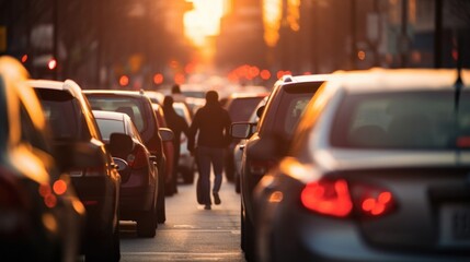 Fototapeta premium Closeup of a traffic jam on a busy downtown street, showcasing the issue of congestion and traffic management in urban planning.
