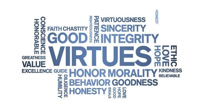 Virtues animated tag word cloud;text design animation kinetic typography seamless loop.