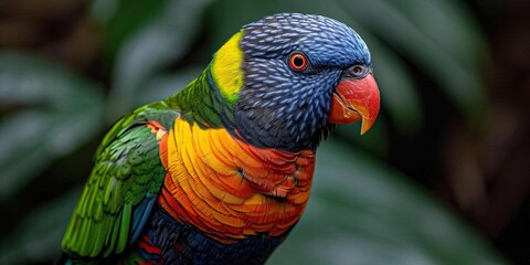 Naklejka premium Rainbow Lorikeet in Natural Habitat - Colorful Parrot Amongst Greenery in Wildlife Setting