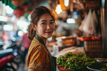 Happy young tourist Asian woman enjoy and fun traditional asian street food at Bangkok Chinatown, Female shopping and eating street food