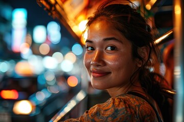 Happy young tourist Asian woman enjoy three wheel open air taxi - obrazy, fototapety, plakaty