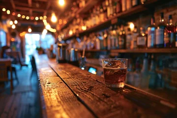 Rolgordijnen vintage bar and blurred shelves with liquor bottles in the background. © chutikan